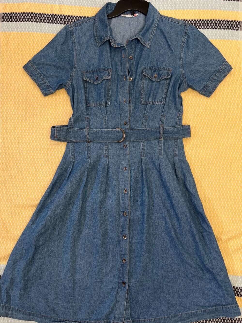 Given Kale Blue 100% Cotton Belted Denim Shirt Dress Size XL